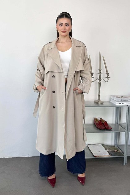Women's Double-Breasted Collar Belted Long Trench Coat Stone - 27K 3019