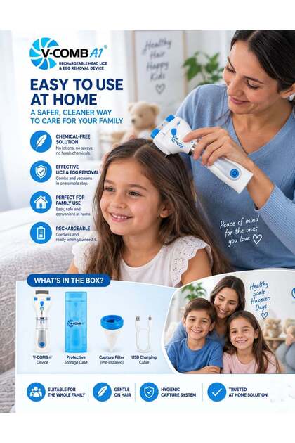 V-COMB A1 Rechargeable Chemical-Free Head Lice and Egg Removal Device with Battery-Powered Vacuum Extraction, Fine-Tooth Combing Head, Transparent Capture Chamber, Hygienic Capture Filter and Hands-Fr