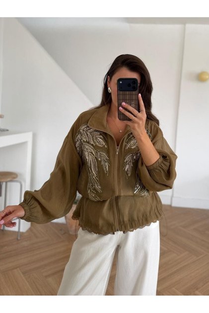 Olive Embroidered Stand Collar Jacket - 9773