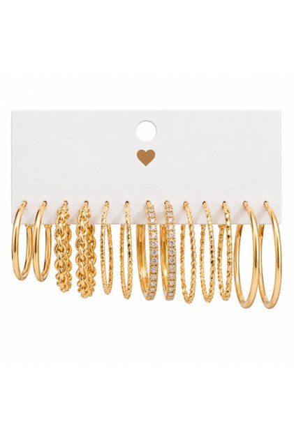 Set de 6 perechi de cercei de damă, stil creole glamour cu zirconiu și textură de lanț torsadat, aurii.