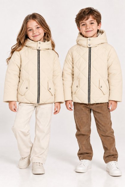 Çocuk Unisex Krem Normal Kalıp Baklava Detaylı Kapüşonlu Mont