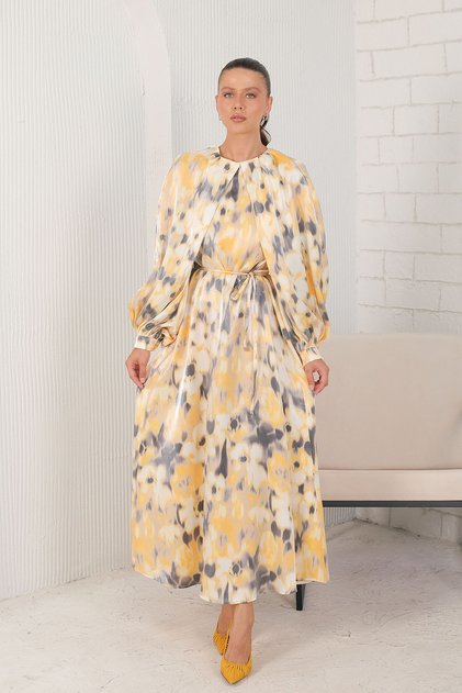 Digital Printed Satin Stylish Dress Yellow
