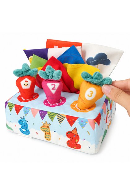 Cutie senzoriala pentru bebelusi cu servetele si morcovi – jucarie pentru motricitate fina, 18 luni+ , PI106