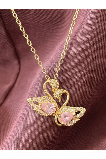 Çelik Gold Pembe Taşlı Çift Kuğu Kolye