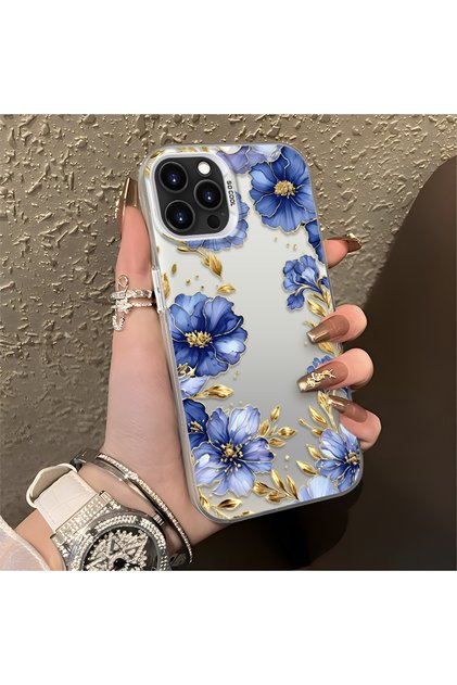 iPhone 14 Pro Max Compatible Elegant Floral Case, Blue Flower Golden Branch Creative Flat Print