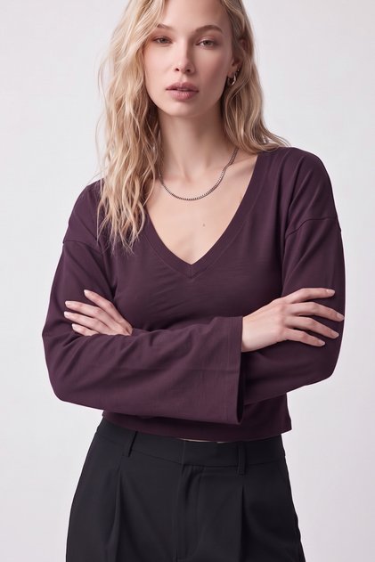 V Yaka Yarasa Kollu %97 Pamuk T-Shirt - Mürdüm 2
