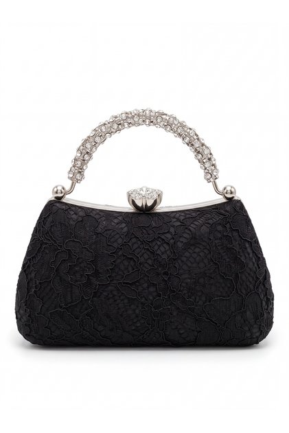 Women's Black Lace Detailed Evening Dress Handbag with Stone Handle