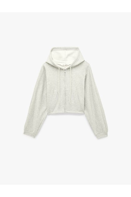 Simli Uzun Kollu Kapüşonlu Şardonlu Arkası Baskılı Crop Sweatshirt
