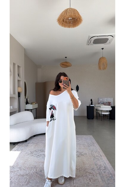 Ecru Stone Rabbit Printed Modal Long Dress
