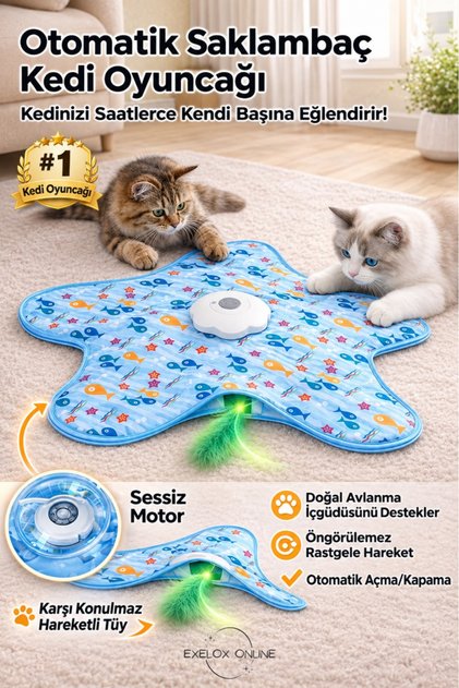 İnteraktif Kedi Oyuncağı USB Şarjlı 3 Modlu Hareketli Tüylü Yıldız Oyun Matı Mavi