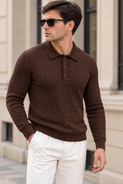 Men's Hair Braided Patterned Long Sleeve Polo Collar Knitwear Sweater - Brown