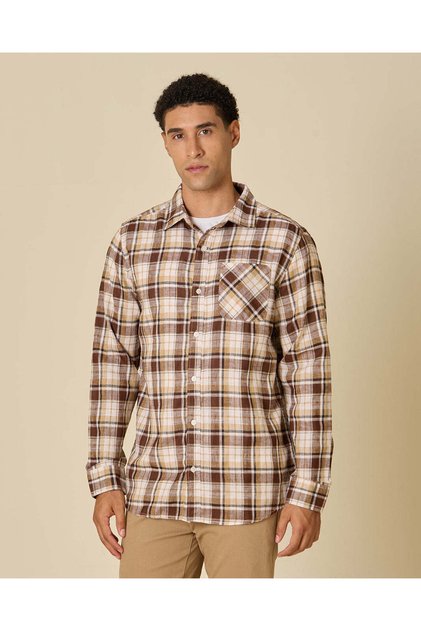 Men Beige Checkered Pocket Shirt