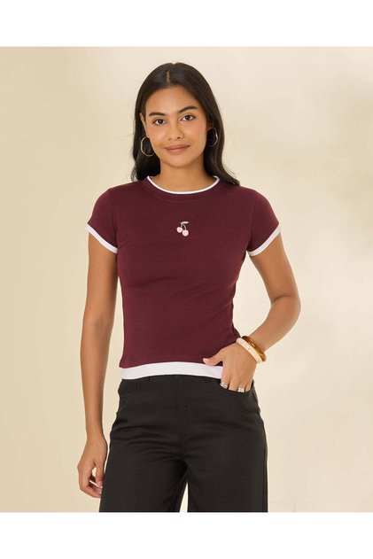 Women Burgundy Double Layered T Shirt