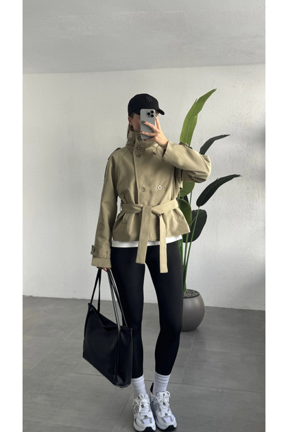 Women's Khaki Mid-Length Cuffed Collar Trench Coat Belted Double-Breasted Stand-Up Collar Stylish Short Jacket Trench Coat