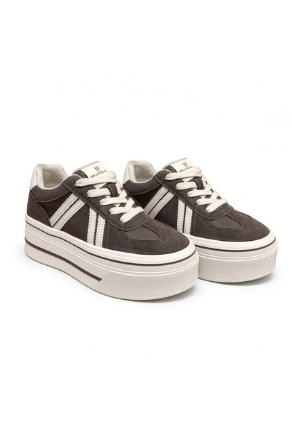 --Women's Brown Suede Leather Platform Sneaker – Cream Double Stripe, Thick Sole