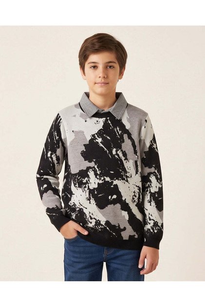 Senior Boys Black Graphic Mock Collar Pullover