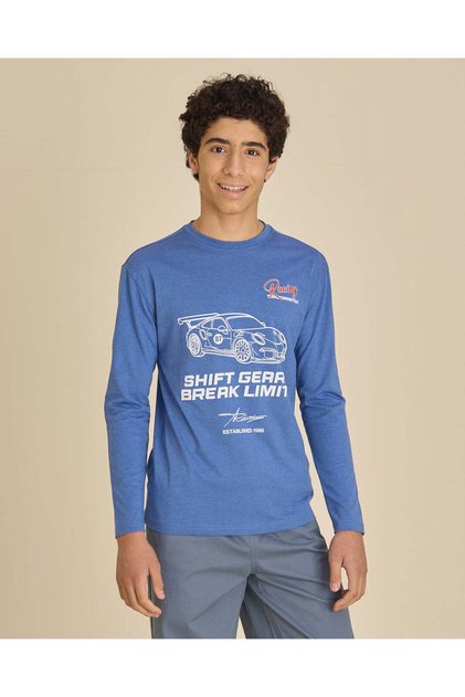 Senior Boys Blue Printed Long Sleeve Graphic T-Shirt