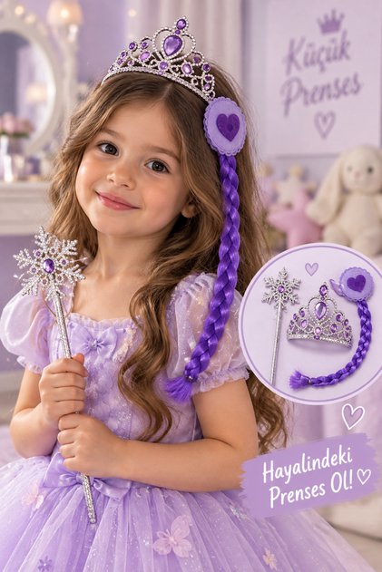 Children's Princess Crown Purple – Crown Braid Hair and Snowflake Wand Set Girls' Costume Accessory