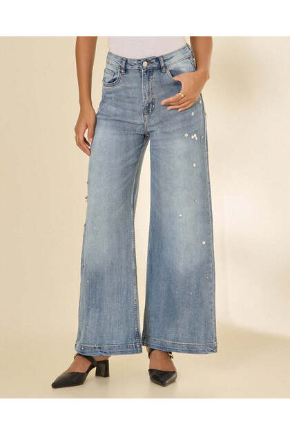 Women Blue Embellished Wide-Leg Jeans