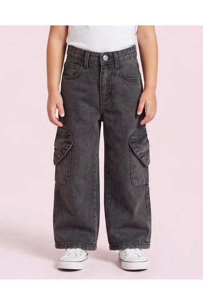 Girls Black Cargo Wide Leg Jeans