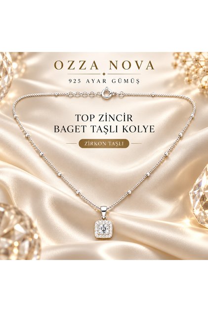 Ozza Nova 925 Ayar 50 cm Gümüş Top Zincir Baget Zirkon Taşlı Kadın Kolye – Zarif Işıltılı Kolye