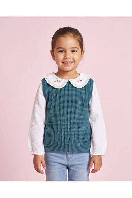 Girl Teal Embroidered Collar Twofer Top