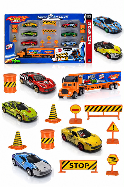 Truck Set with Traffic Signs 6 Cars Orange 1 Truck Metal Car Toy