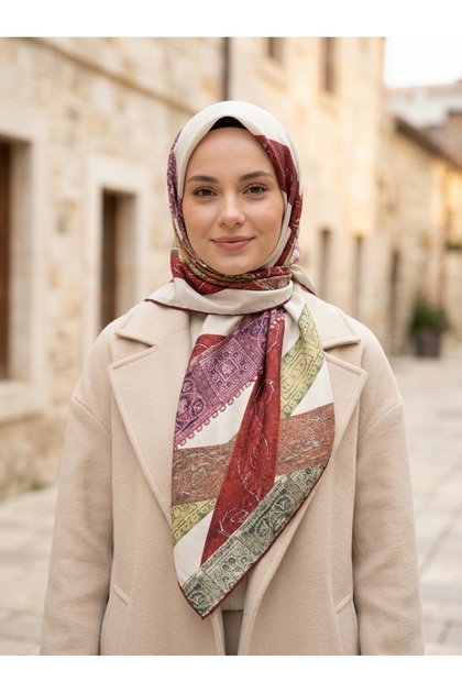 Silk Buttoned Ethnic Striped Cream Women's Scarf