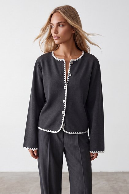 Women's Anthracite Crew Neck Buttoned Shepherd Stitched Cardigan Alc-X15852
