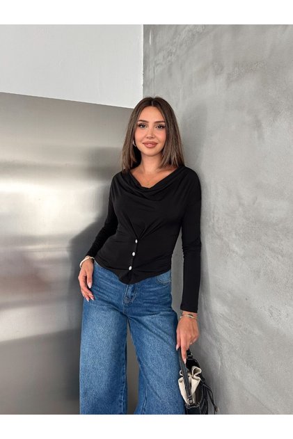 Drapeli Collar Buttoned Long Sleeve Blouse