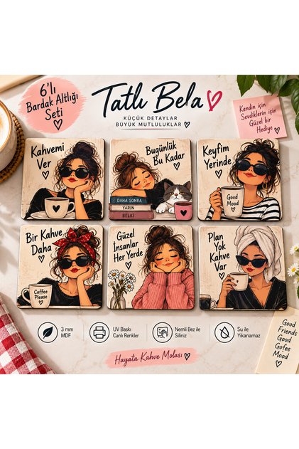 Sweet Bela Set of 6 Coasters – Coffee Themed Uv Printed Mdf Coasters with Fun Female Figures