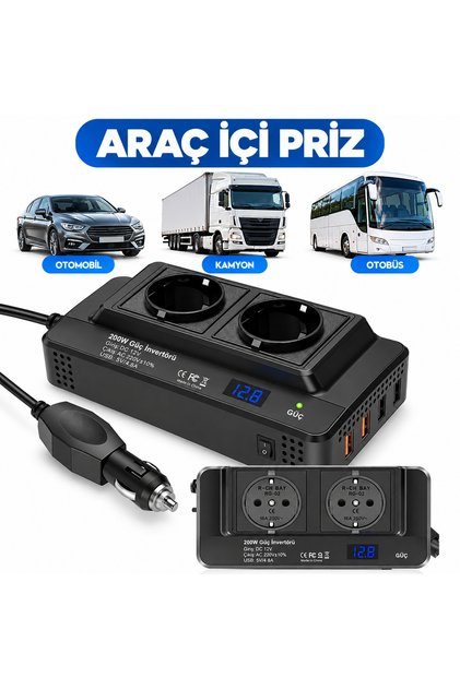 200W Araç İçi İnvertör 12V-220V Çift Priz 4 USB Araç Şarj Dönüştürücü