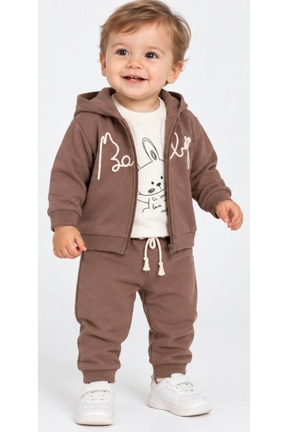 Baby Boy Cardigan Zipper Closure Embroidered Long Sleeve Rabbit Patterned Brown Color Three-Piece Tracksuit Set