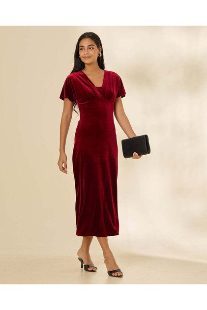 Women Burgundy Plain V Neck Velour Dress
