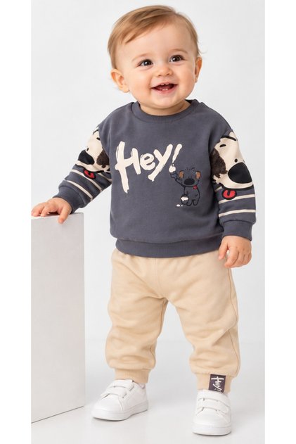 Baby Boy Hey Written Front Sleeves Dog Patterned Smoked Color Tracksuit Set