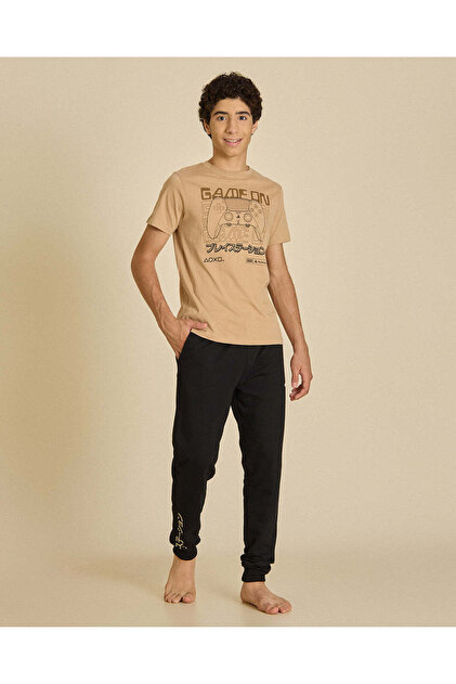 Senior Boys Beige And Black 2 Piece Pyjama Set