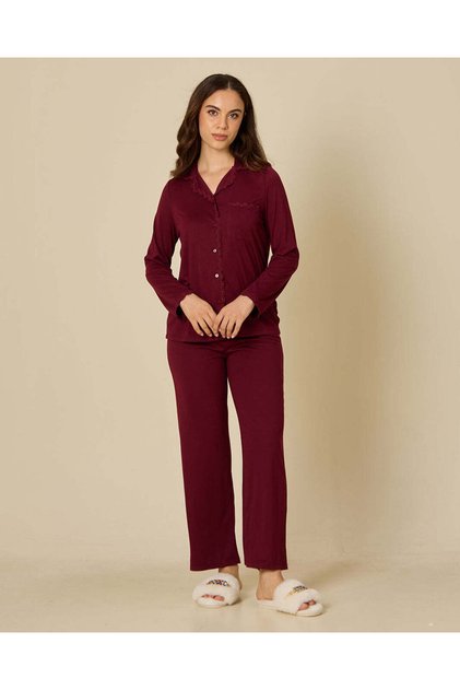 Women Burgundy Ruffle Trim Pyjama Set