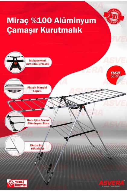 Miraç %100 Alüminyum Çamaşır Kurutmalık Paslanmaz Kalın Borulu Katlanır Kanatlı Çamaşır Askılığı