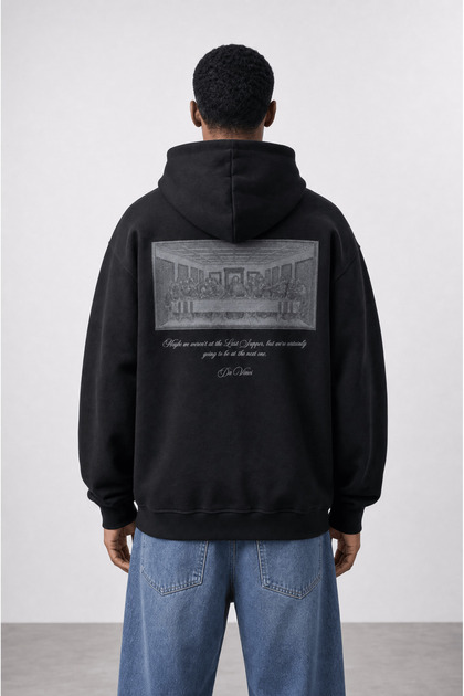 Ανδρικό φούτερ με κουκούλα Da Vinci με λεπτομέρεια εκτύπωσης, μαύρο