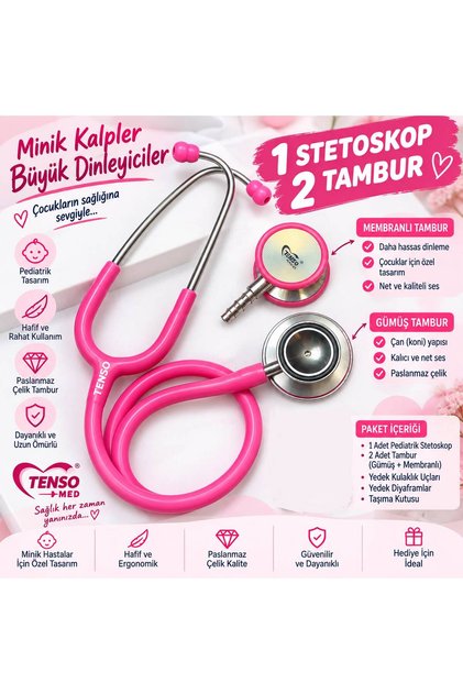 Pediatrik Çocuk Stetoskop I Yetişkin Stetoskopu I Çift Tamburlu Kişiye Özel İsim Yazılı Steteskop I Pembe Stetoskop