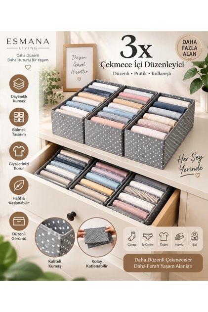 3 Pieces of Drawer Organizers – Fabric Clothing Organizer with Compartments 16X43X14 cm