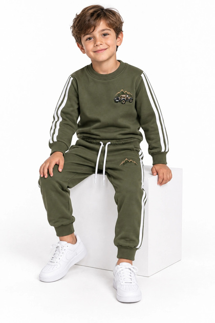 Boy's Khaki 2 Thread Tracksuit Set with Crew Neck, Stripe Detail and Embroidered Bottom and Top Set