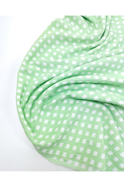 Green and White Tiny Square Patterned Thin Soft Crinkled Jersey Fabric for Dresses & Blouses 170X250Cm