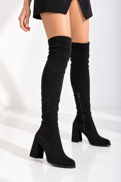 Women's Black Leather Buckle Platform Thick Heeled Boots Below the Knee Boots