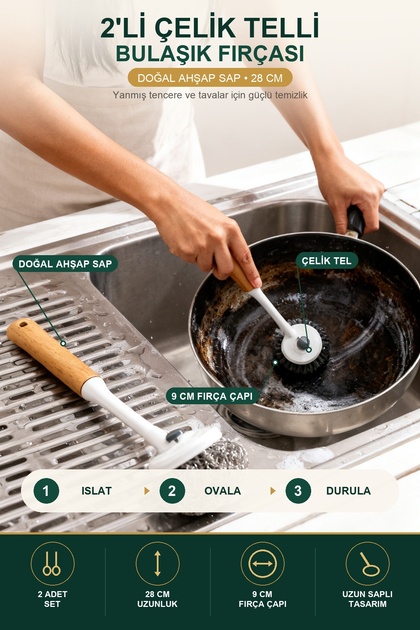 Wooden Handle Steel Wire Dishwashing Brush Set of 2 28 cm Long Handle Pot Cleaning Brush