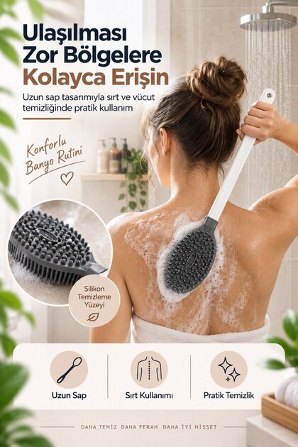 Uzun Saplı Çift Taraflı Silikon Sırt ve Vücut Temizleme Duş Fırçası Masaj Aparatı