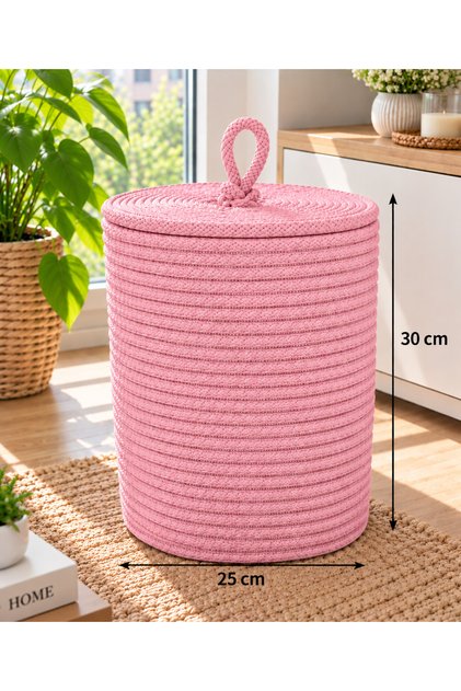 Wicker-Look Rope Basket with Lid 25X30 cm – Decorative Multi-Purpose Storage and Organizer Basket