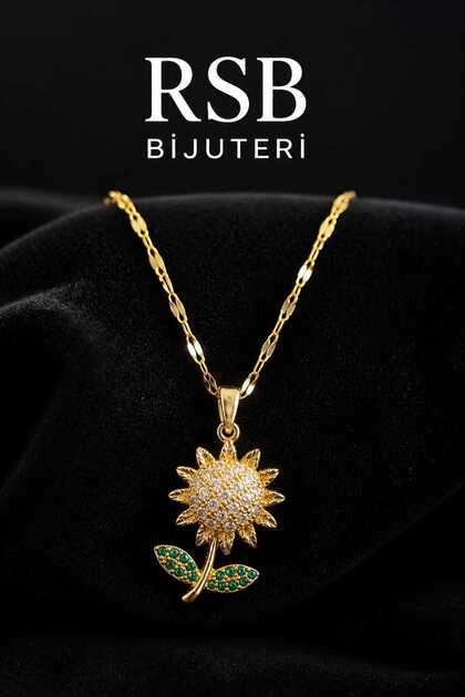 Kolye Taşlı Ayçiçeği Altın Renk Kaplama + Hediye Paket