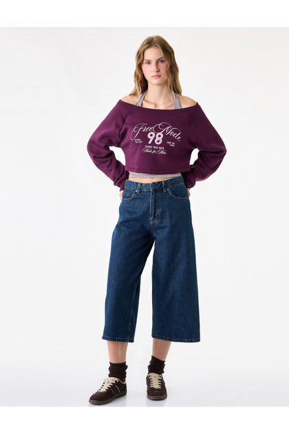 Plum Color Halter Neck Layered Striped Sweatshirt Long Raglan Sleeves Printed Comfortable Fit