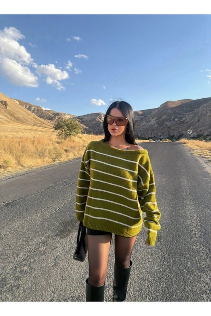 Green Striped Boat Neck Sweater